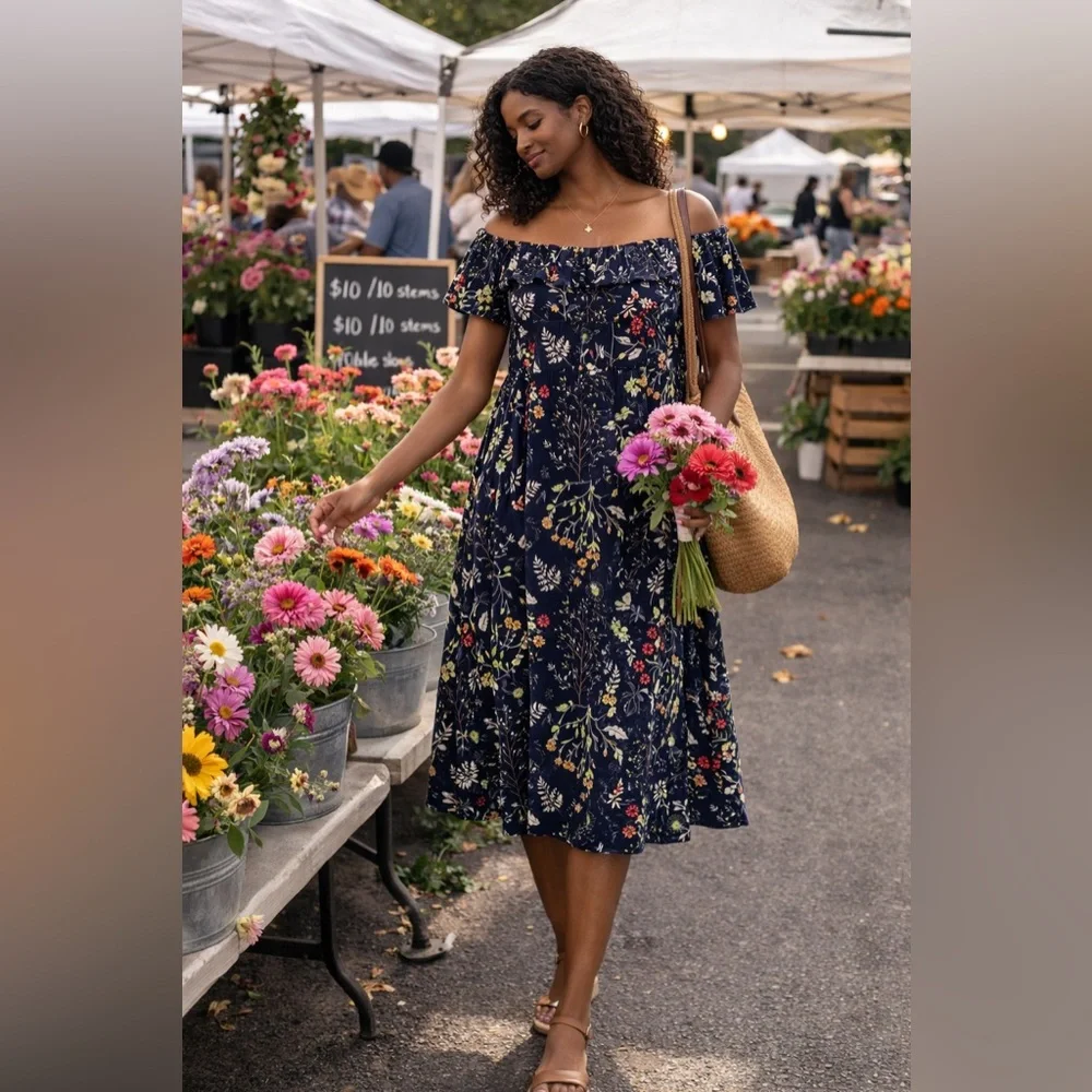 Charlie Page Floral Cottagecore Navy W Size L Ruffle Top Midi Dress Off Shoulder